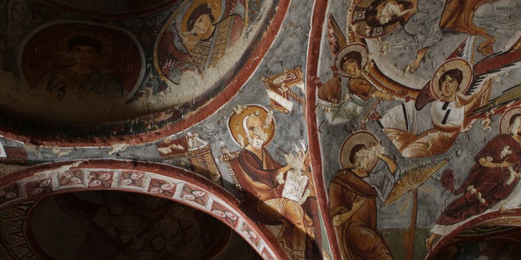 Frescoes on the ceiling of a cave church in Göreme, Cappadocia.