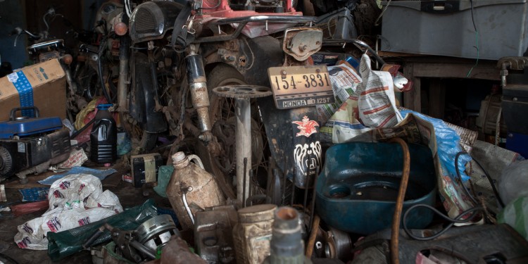 Junk in a motorcycle workshop
