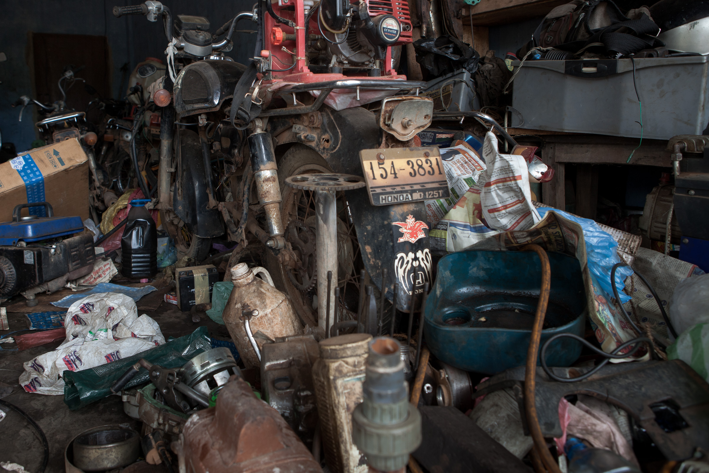 Junk in a motorcycle workshop